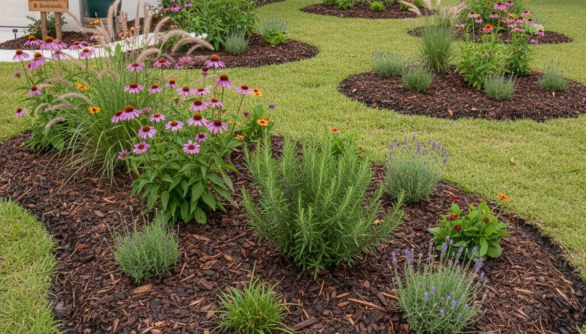 Organic landscape beds with mulch and native plants by Chop Chop Landscaping in Tampa, FL