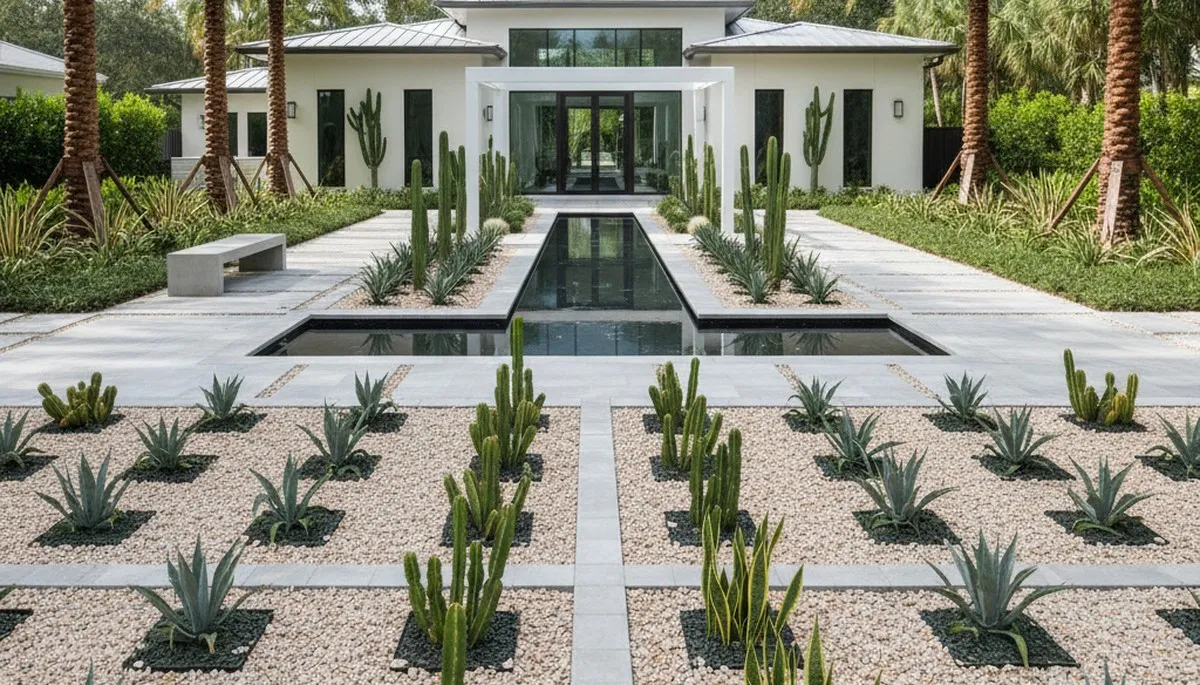 Modern pea gravel landscape with geometric design in Tampa FL by Chop Chop Landscaping