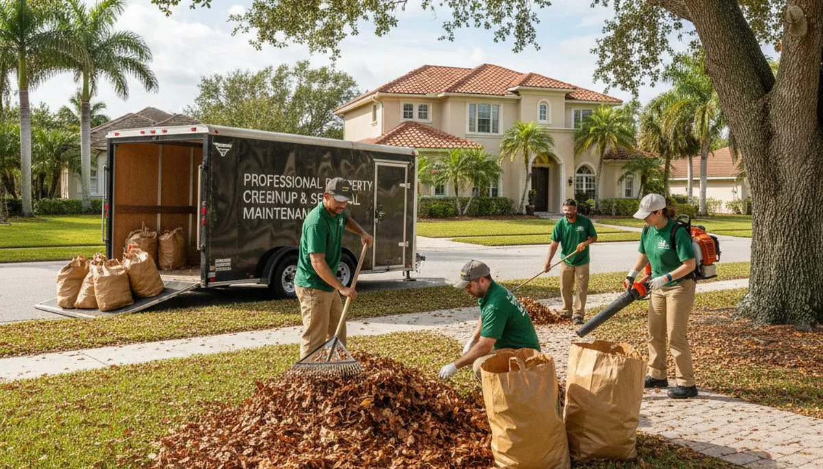 Technicians performing fall leaf removal and yard cleanup at a residential property in Tampa, FL