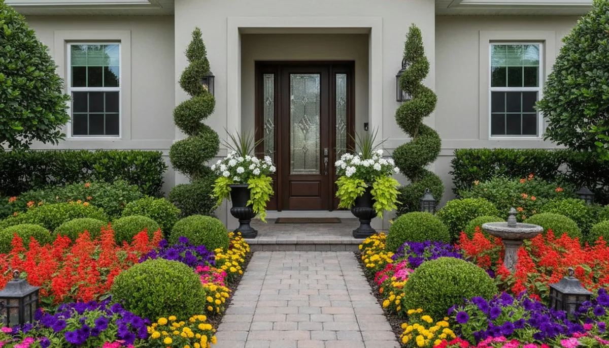 Front yard landscape design with colorful plants and shaped shrubs by Tampa FL landscaping experts