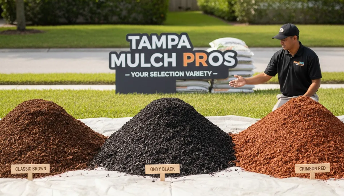 Mulch color variety display with brown, black, and red options for Tampa, FL landscaping designs