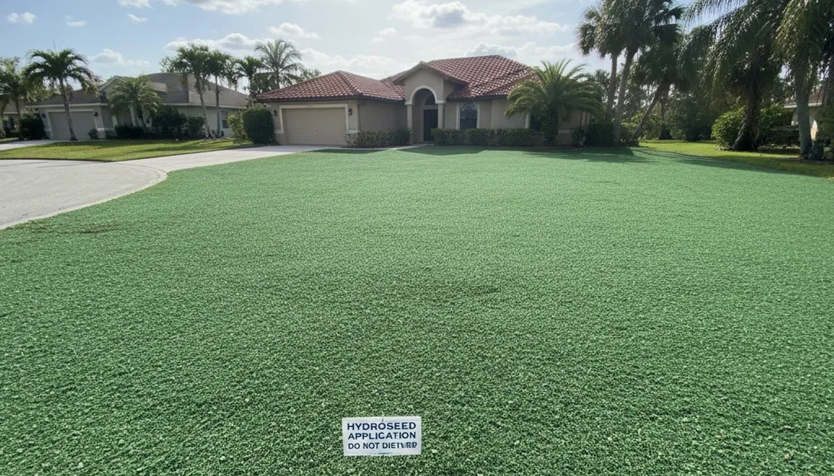 Fresh green hydroseed applied on prepared lawn soil by Chop Chop Landscaping in Tampa, FL