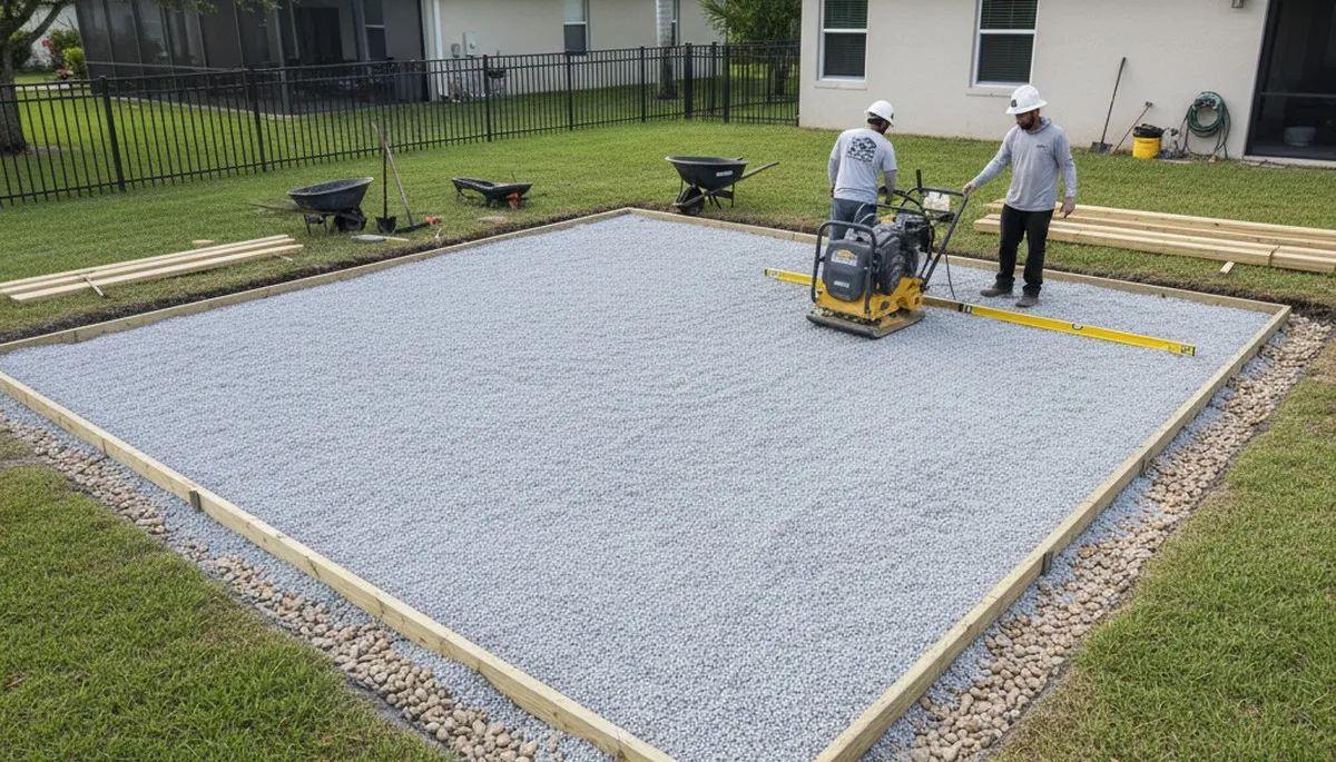 Professional shed foundation preparation with gravel base by landscaping experts in Tampa, FL
