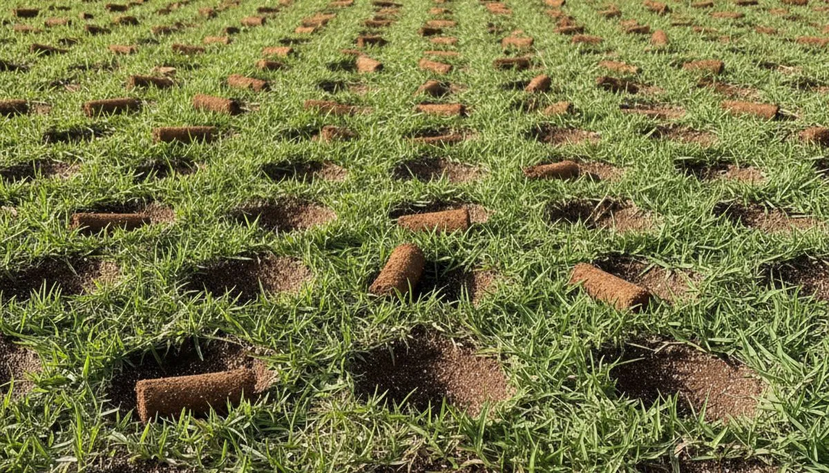 Close-up of soil core plugs after professional lawn aeration on a Tampa, FL lawn by Chop Chop Landscaping